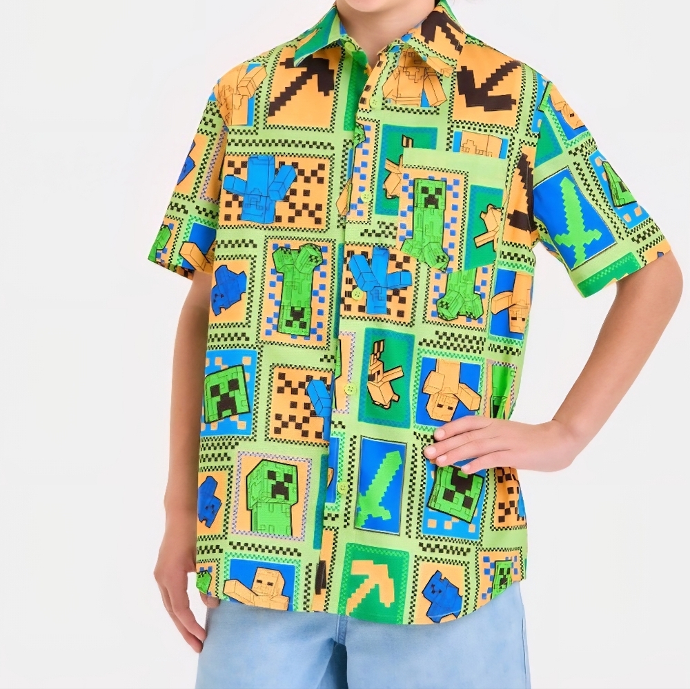 Minecraft Boys All Over Print Short Sleeve Button Up Shirt Large 10/12  (New)